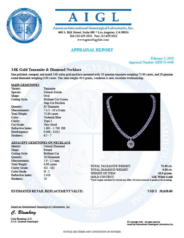 14k Gold 73ct Tanzanite 0.80ct Diamond Necklace