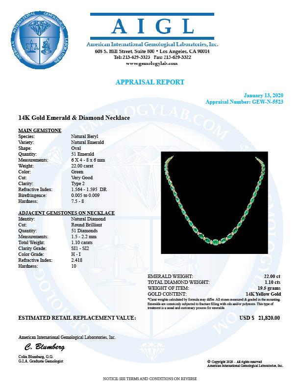 14k Gold 22ct Emerald 1.10ct Diamond Necklace