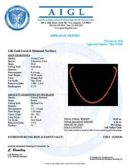 14K Gold 18.30ct Coral 1.10ct Diamond Necklace