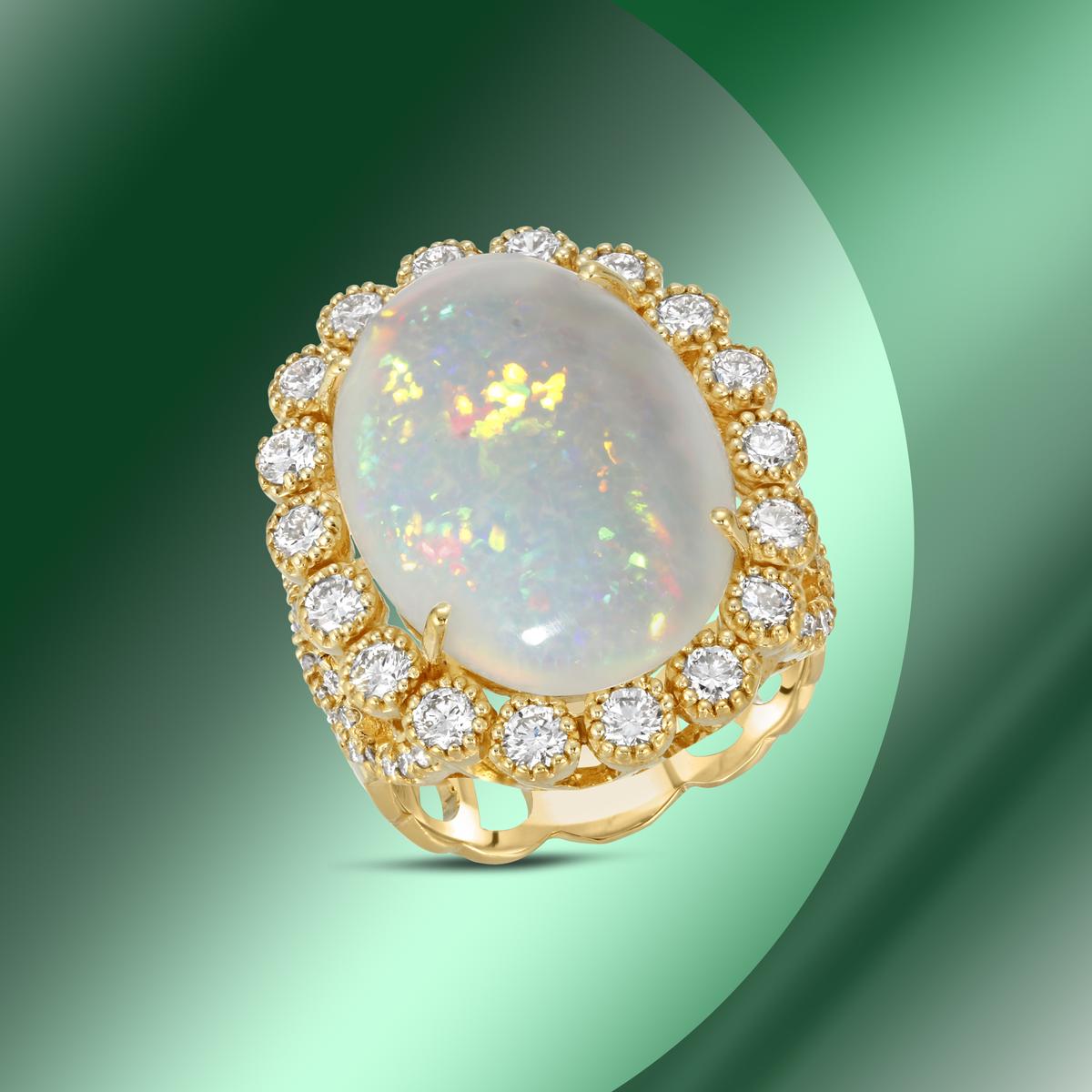 14K Gold 9.88cts Opal & 1.78cts Diamond Ring