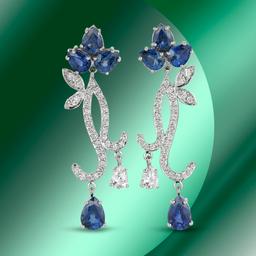 14K Gold 10.63cts Sapphire & 1.76cts Diamond Earrings