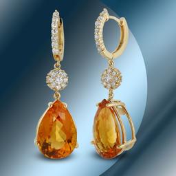 14K Gold 24.04 Citrine & 1.30cts Diamond Earrings