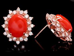 14k Rose 6.00ct Coral 1.40ct Diamond Earrings