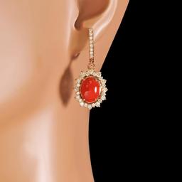 14k Gold 6.11ct Coral 2.55ct Diamond Earrings