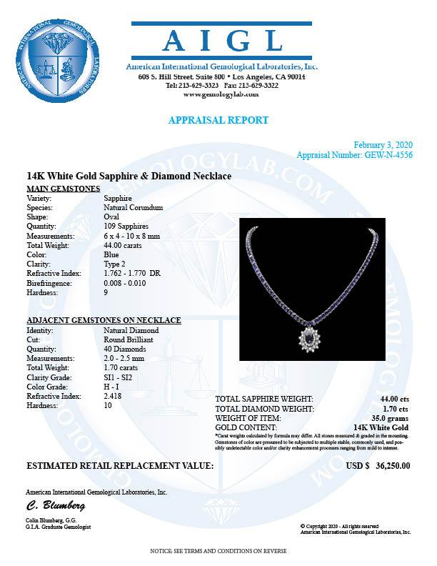 14k Gold 44ct Sapphire 1.70ct Diamond Necklace