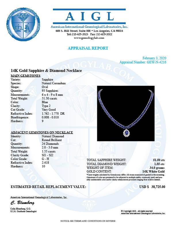 14k Gold 51.5ct Sapphire 1.55ct Diamond Necklace