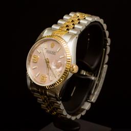 Rolex Two-Tone Datejust 36mm Custom Pink Dial, Diamonds on 9th & 6th Hour Men's Wristwatch