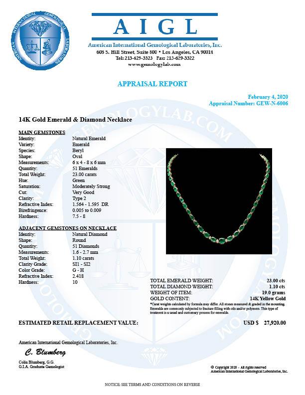 14k Gold 23ct Emerald 1.10ct Diamond Necklace