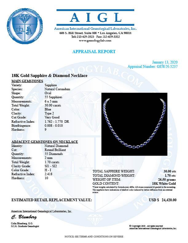 18k Gold 30ct Sapphire 1.70ct Diamond Necklace