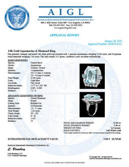 14k Gold 22ct Aquamarine 1.30ct Diamond Ring