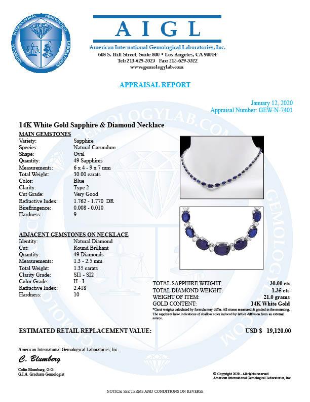 14k Gold 30ct Sapphire 1.35ct Diamond Necklace