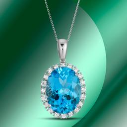 14K Gold 20.80cts Blue Topaz & 1.42cts Diamond Pendant