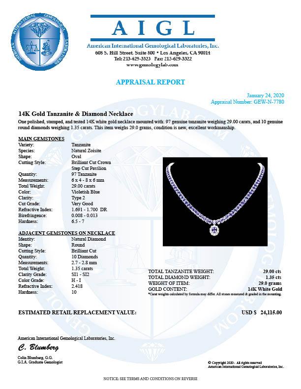 14k W Gold 29ct Tanzanite 1.35ct Diamond Necklace