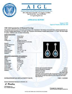 14k White Gold 4.50ct Aquamarine 2.75ct Diamond Earrings