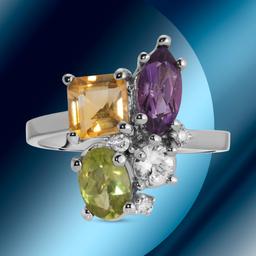 14K Gold 0.45cts Amethyst, 0.70cts Citrine, 0.58cts Peridot & 0.05cts Diamond Ring