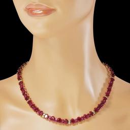 14K Gold 95.98ct Ruby 2.56ct Diamond Necklace