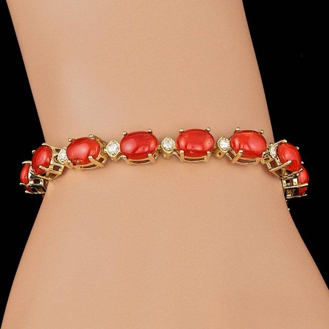 14k Gold 15.00ct Coral 0.80ct Diamond Bracelet