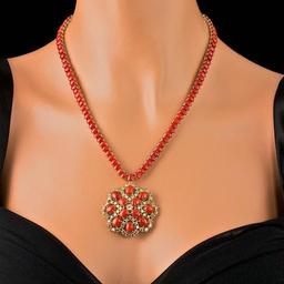 14k Gold 58.50ct Coral 5.50ct Diamond Necklace