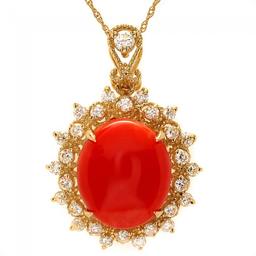 14k Gold 5.70ct Coral 0.80ct Diamond Pendant