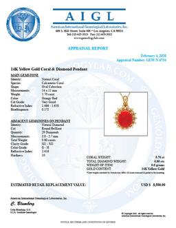 14k Gold 5.70ct Coral 0.80ct Diamond Pendant