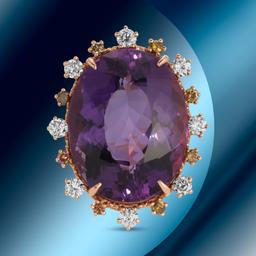 14k Gold 34.00cts Amethyst & 1.18cts Diamond Ring