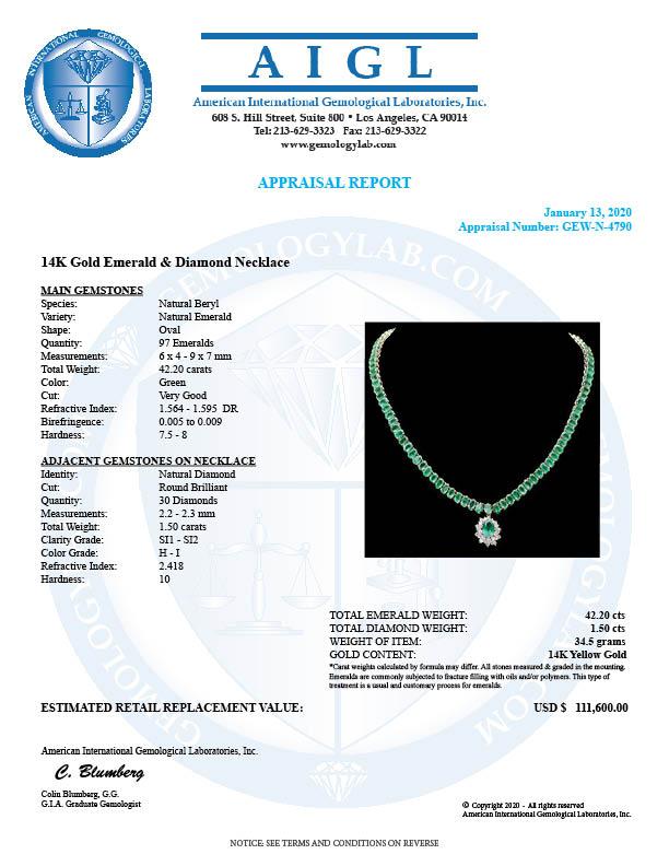 14k Gold 42.2ct Emerald 1.50ct Diamond Necklace
