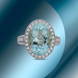 14K Gold 7.80cts Aquamarine & 1.68cts Diamond Ring