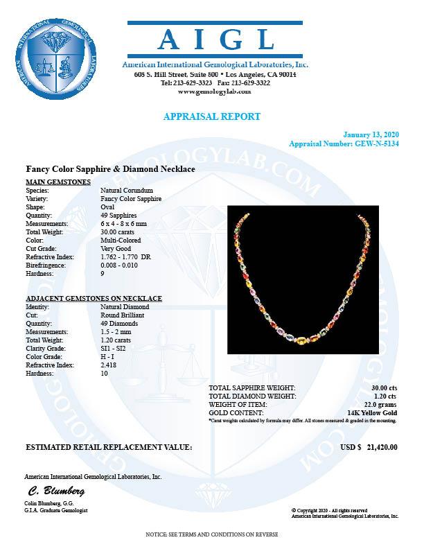 14k Gold 30.00ct Sapphire 1.20ct Diamond Necklace