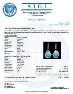 14k Gold 4.00ct Turquoise 1.70ct Diamond Earrings