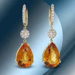 14K Gold 24.04 Citrine & 1.30cts Diamond Earrings