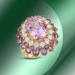 14K Gold 12.44cts Kunzite, 7.48cts Sapphire & 1.64cts Diamond Ring