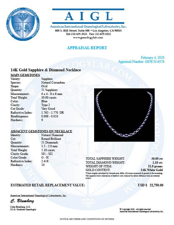 14k Gold 30ct Sapphire 1.10ct Diamond Necklace