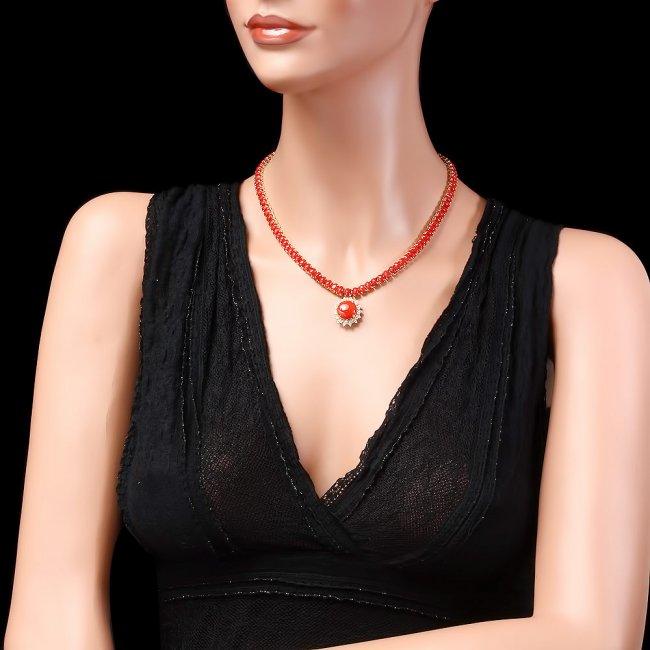 14k Gold 39ct Coral 0.80ct Diamond Necklace