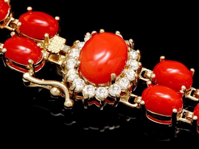 14k Gold 27ct Coral 0.70ct Diamond Bracelet