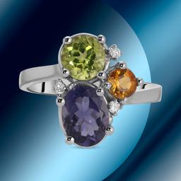 14K Gold 1.20cts Tanzanite, 0.76cts Peridot, 0.30cts Citrine & 0.05cts Diamond Ring