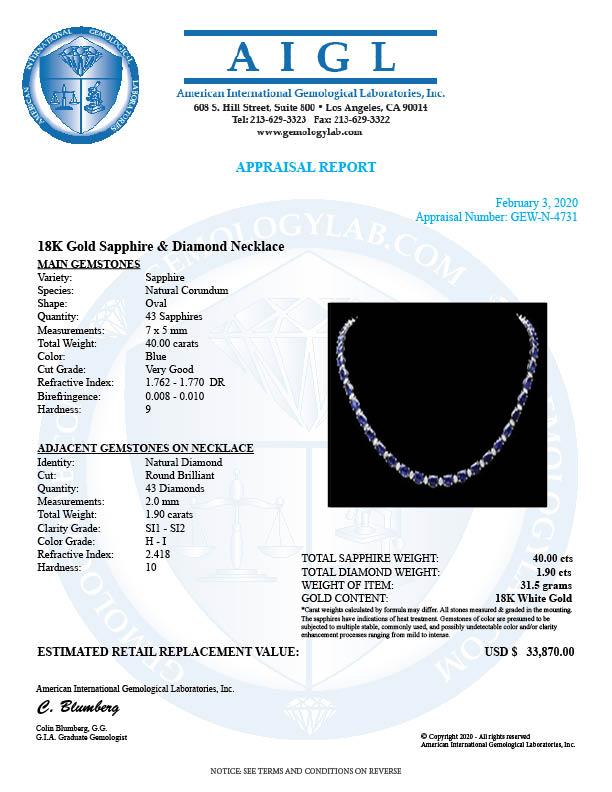 18k Gold 40.00ct Sapphire 1.90ct Diamond Necklace