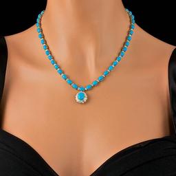 14k Gold 35.5ct Turquoise 3.50ct Diamond Necklace