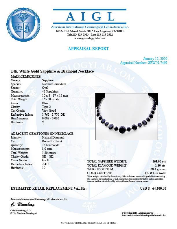 14k Gold 165ct Sapphire 1.8ct Diamond Necklace