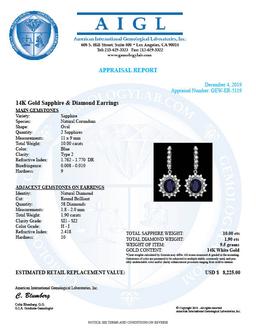 14k Gold 10.00ct Sapphire 1.90ct Diamond Earrings