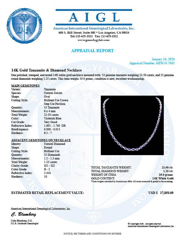 14k 23.50ct Tanzanite 1.25ct Diamond Necklace