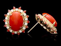 14k Gold 8.00ct Coral 0.90ct Diamond Earrings