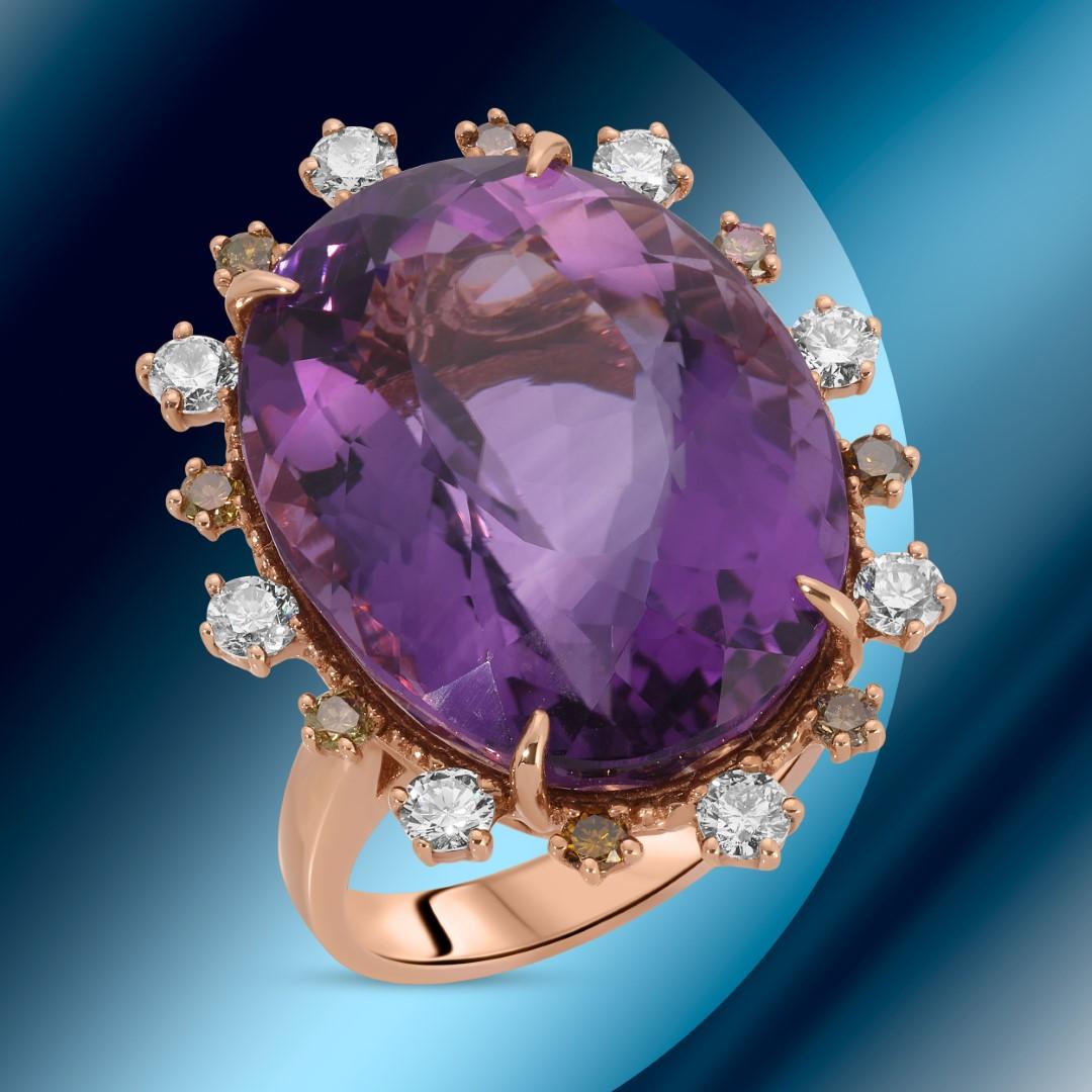 14k Gold 34.00cts Amethyst & 1.18cts Diamond Ring