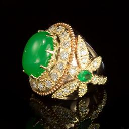 14K Gold 9.02ct Jadeite, 1.05ct Emerald 2.35ct Diamond Ring