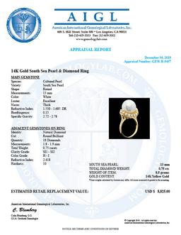 14k Yellow Gold 13mm Pearl 0.75ct Diamond Ring