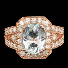 14k Rose 3.00ct Aquamarine 1.30ct Diamond Ring