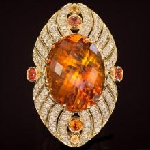 14K Gold 25.15ct Citrine, 0.71ct Fancy Color Sapphire 1.74ct Diamond Ring