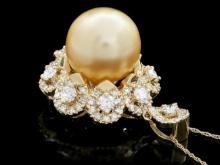 14k Yellow Gold 15mm Pearl 3.00ct Diamond Pendant