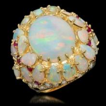 14k Yellow Gold 12.46ct Opal 0.39ct Ruby 1.20ct Diamond Ring