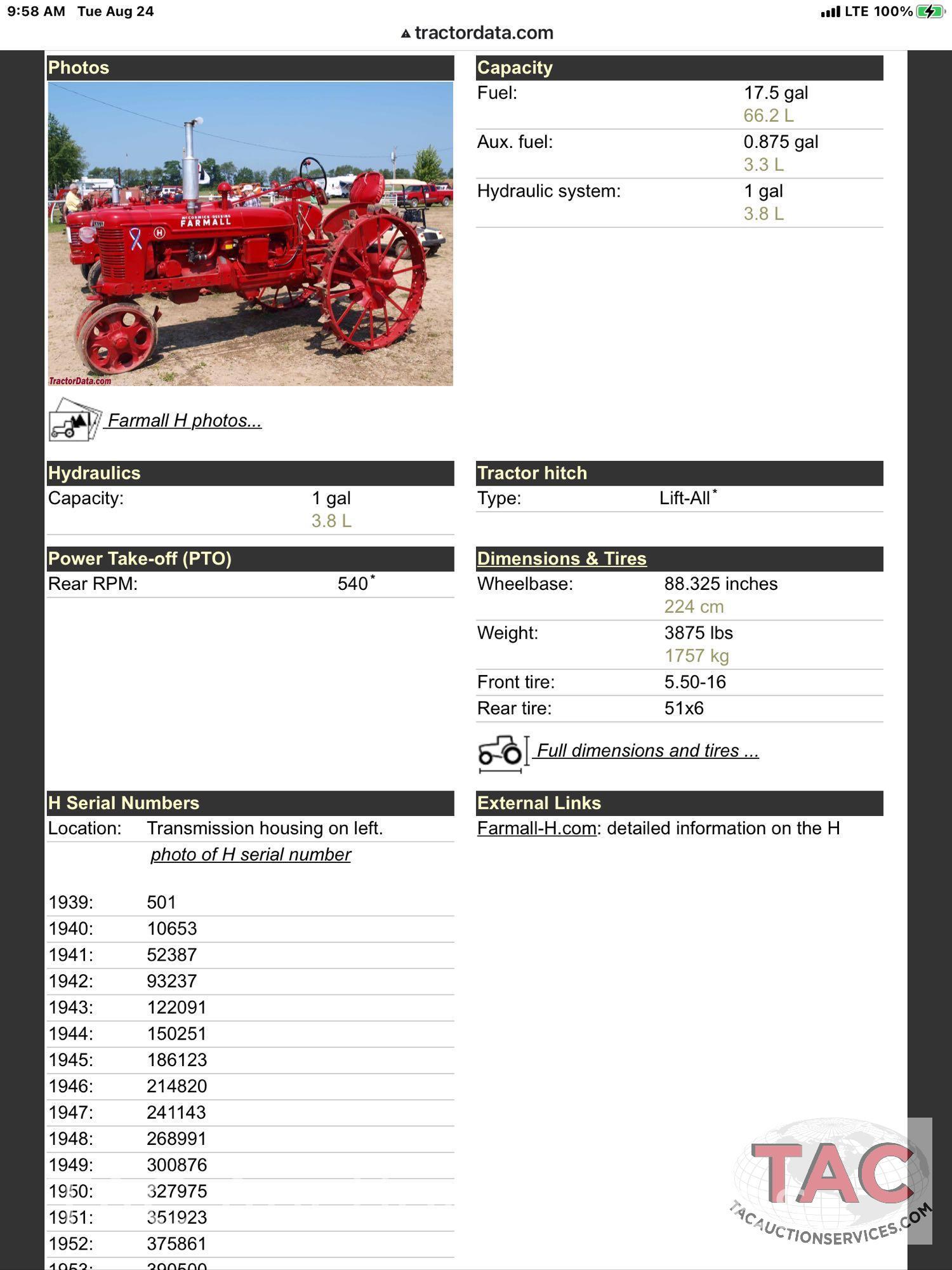 1949 Farmall H Row Crop Tractor with Rotary Cutter Attachment