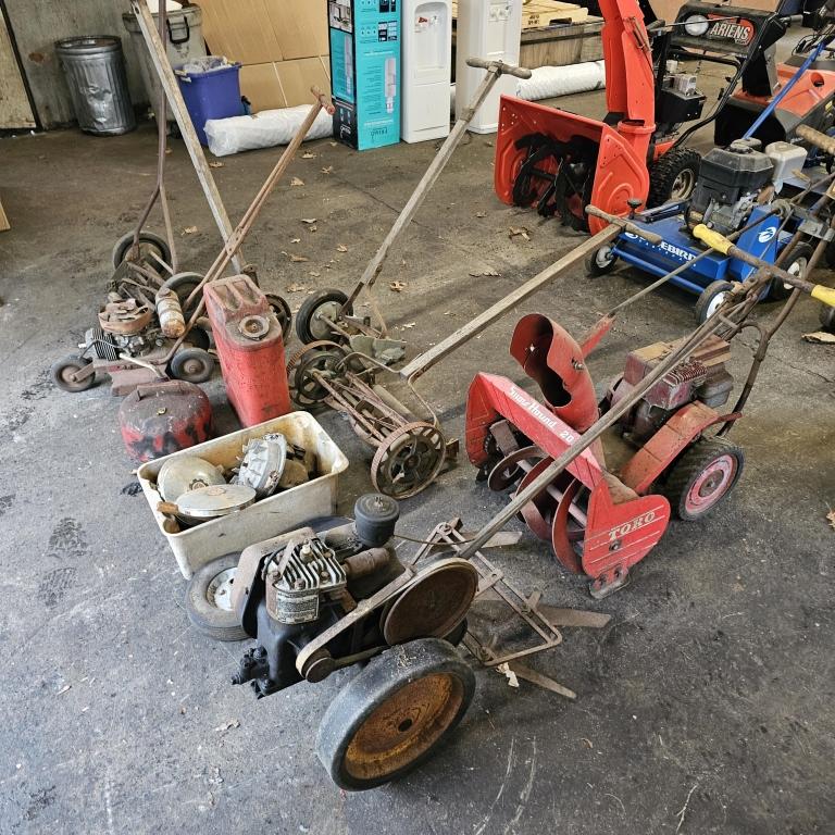 (10 pc) Lot of Antique Mowers, tillers, etc